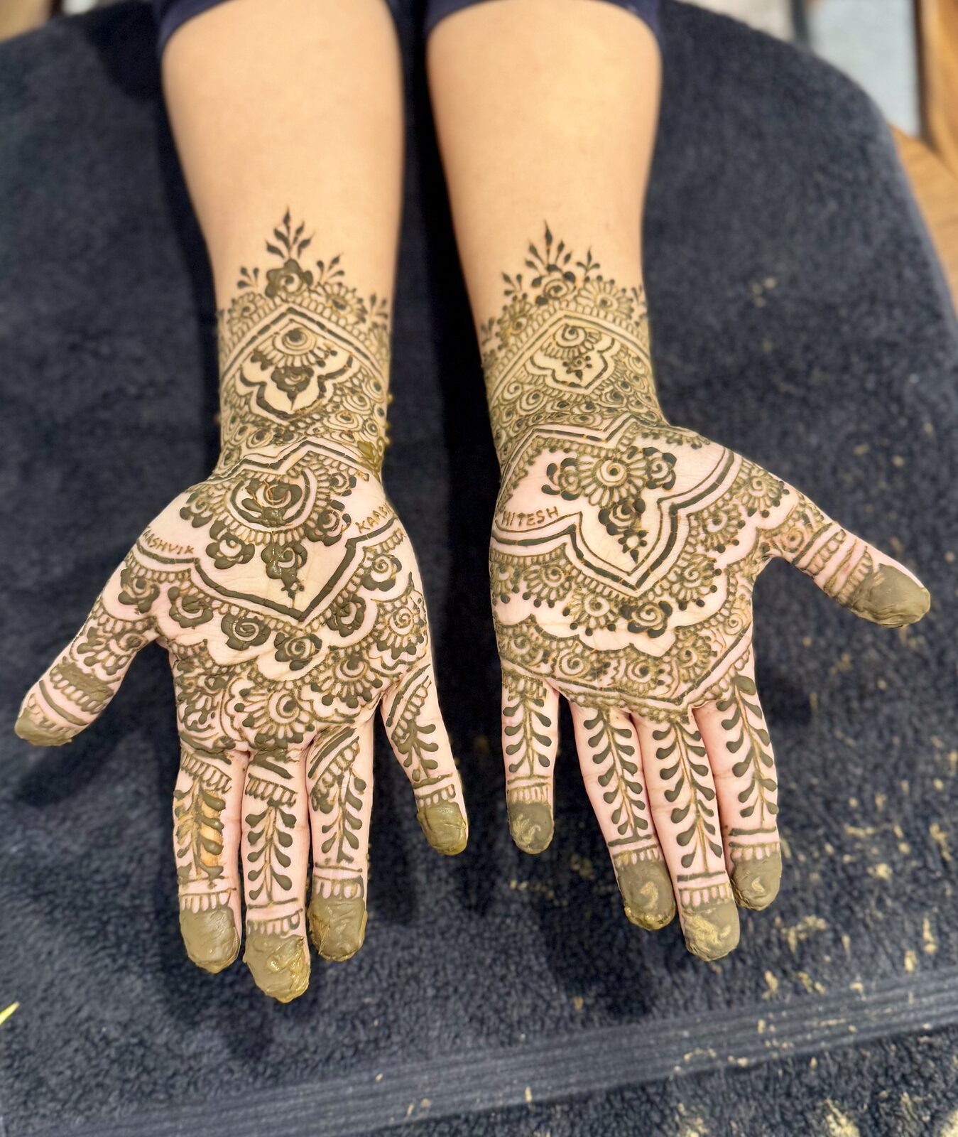 Bridal hands, both sides, dense freehand henna