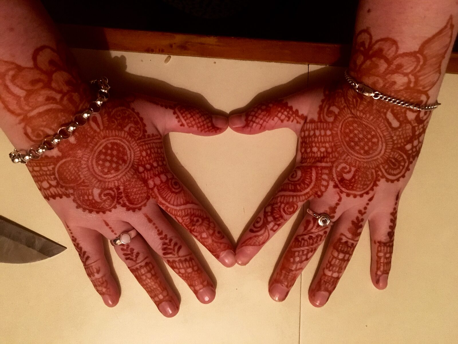 Deep matured henna stain on both palms, about 48 hours after the paste came off